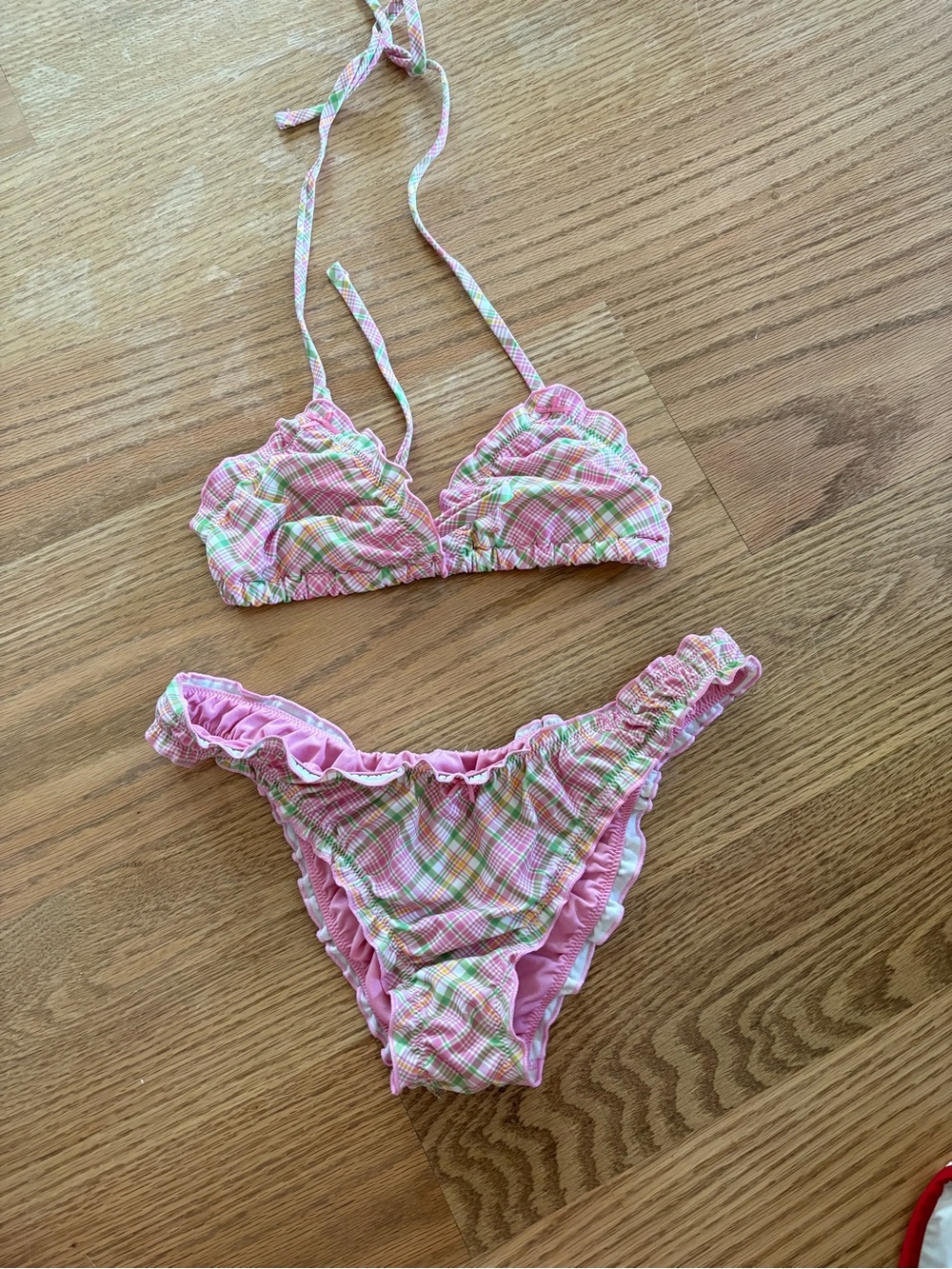 Pink Plaid Ruffle Bikini Set